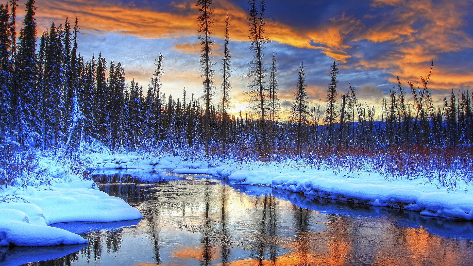 ciel nuages coucher de soleil hiver neige arbres rivière ruisseau paysage forêt montagnes