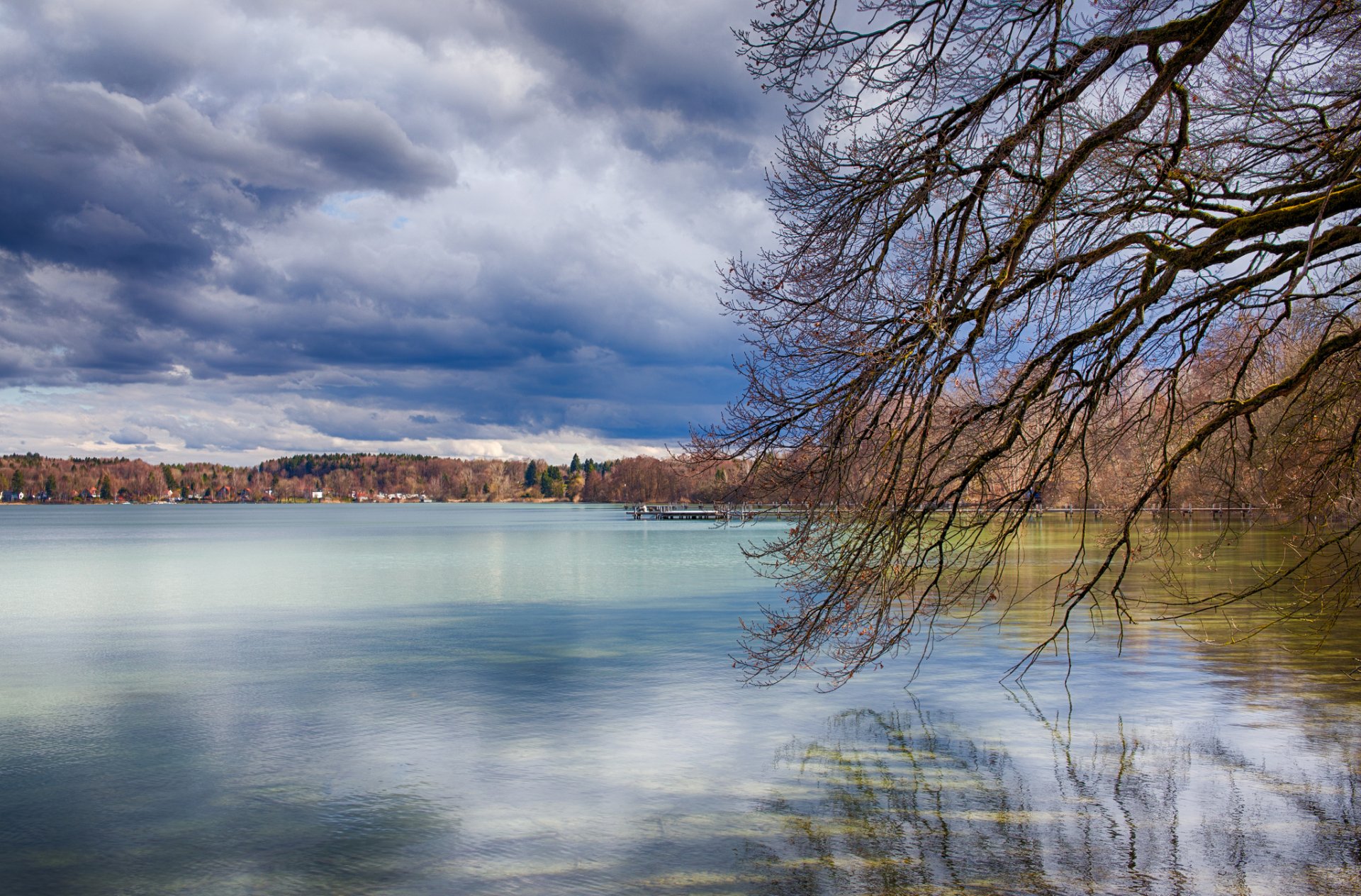 pring lake clouds clouds trees branche