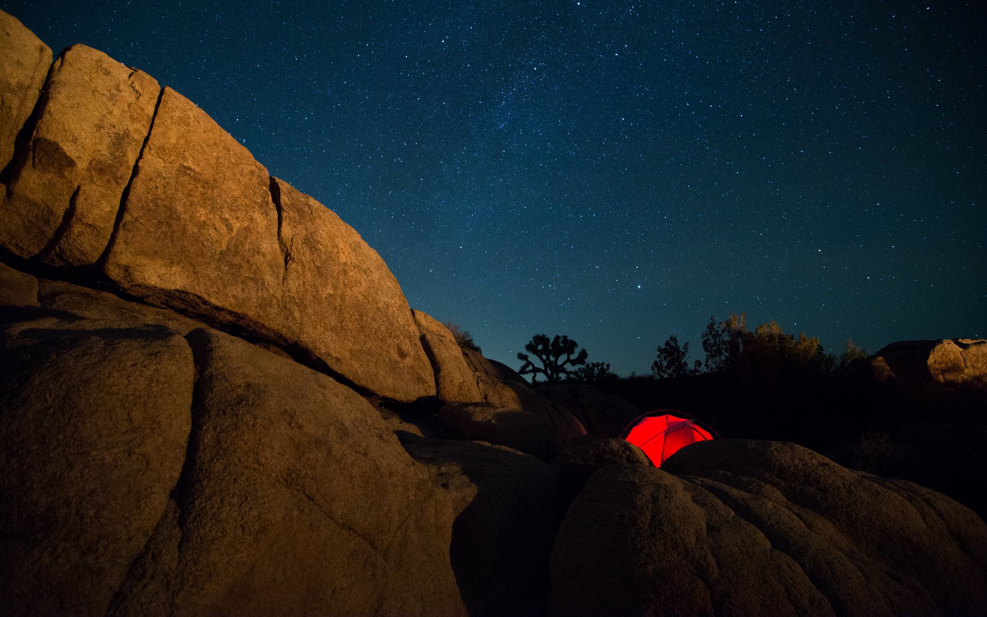 joshua tree national park vía láctea roca noche tienda de campaña