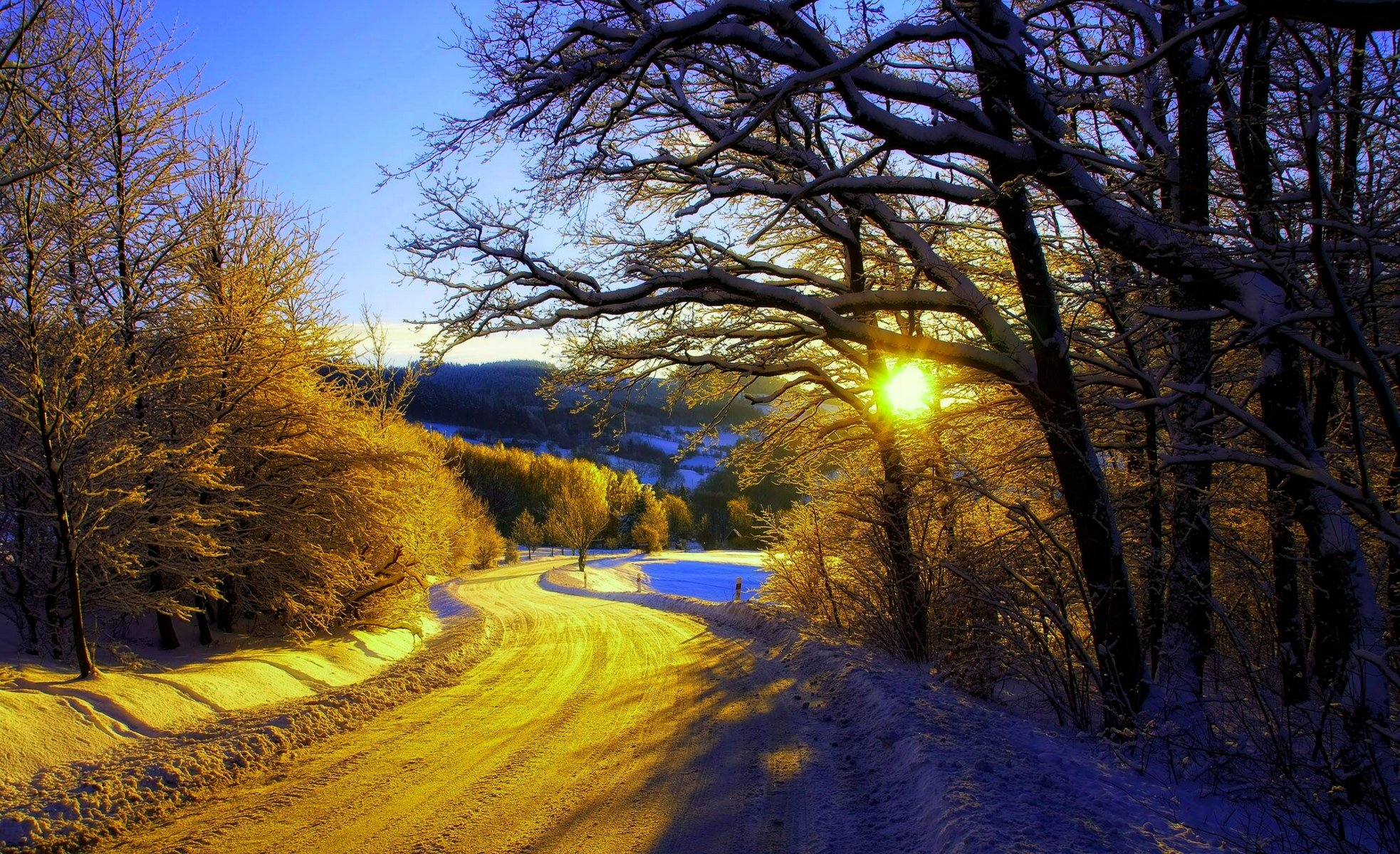 naturaleza invierno nieve carretera árboles bosque cielo paisaje invierno blanco fresco agradable puesta de sol