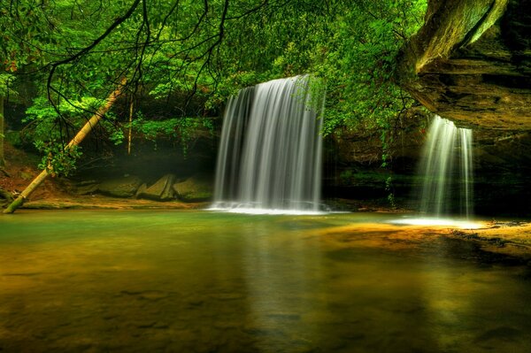 Cascada en la reserva con la luz brillante del sol