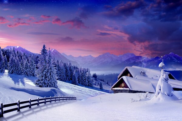 Winter landscape snow hut