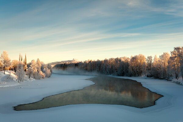 View of the winter river from the bridge