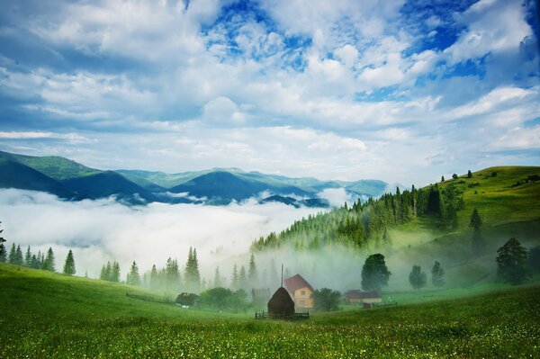 Morning in an Alpine village in the mountains