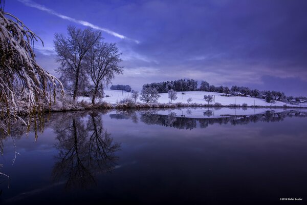 Vista lago e collinetta di neve con alberi