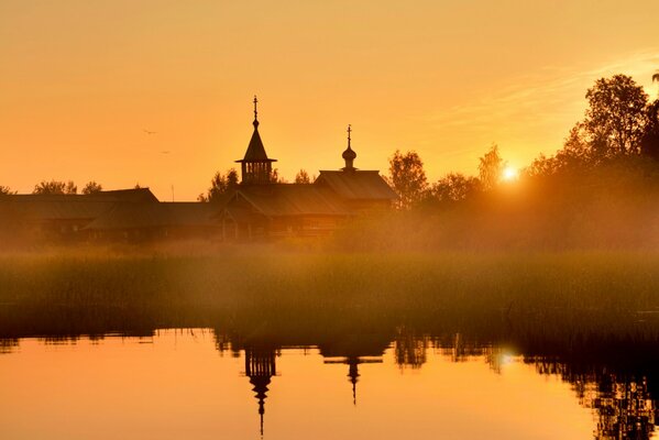 Ancient wooden church at dawn