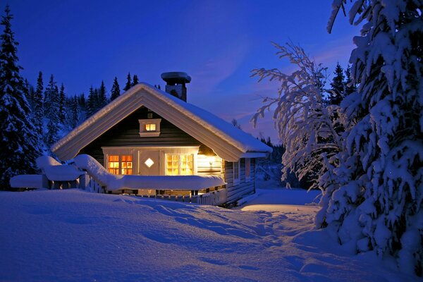 Light in the house, winter landscape