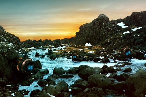 Sunset over the river in the mountains of Iceland