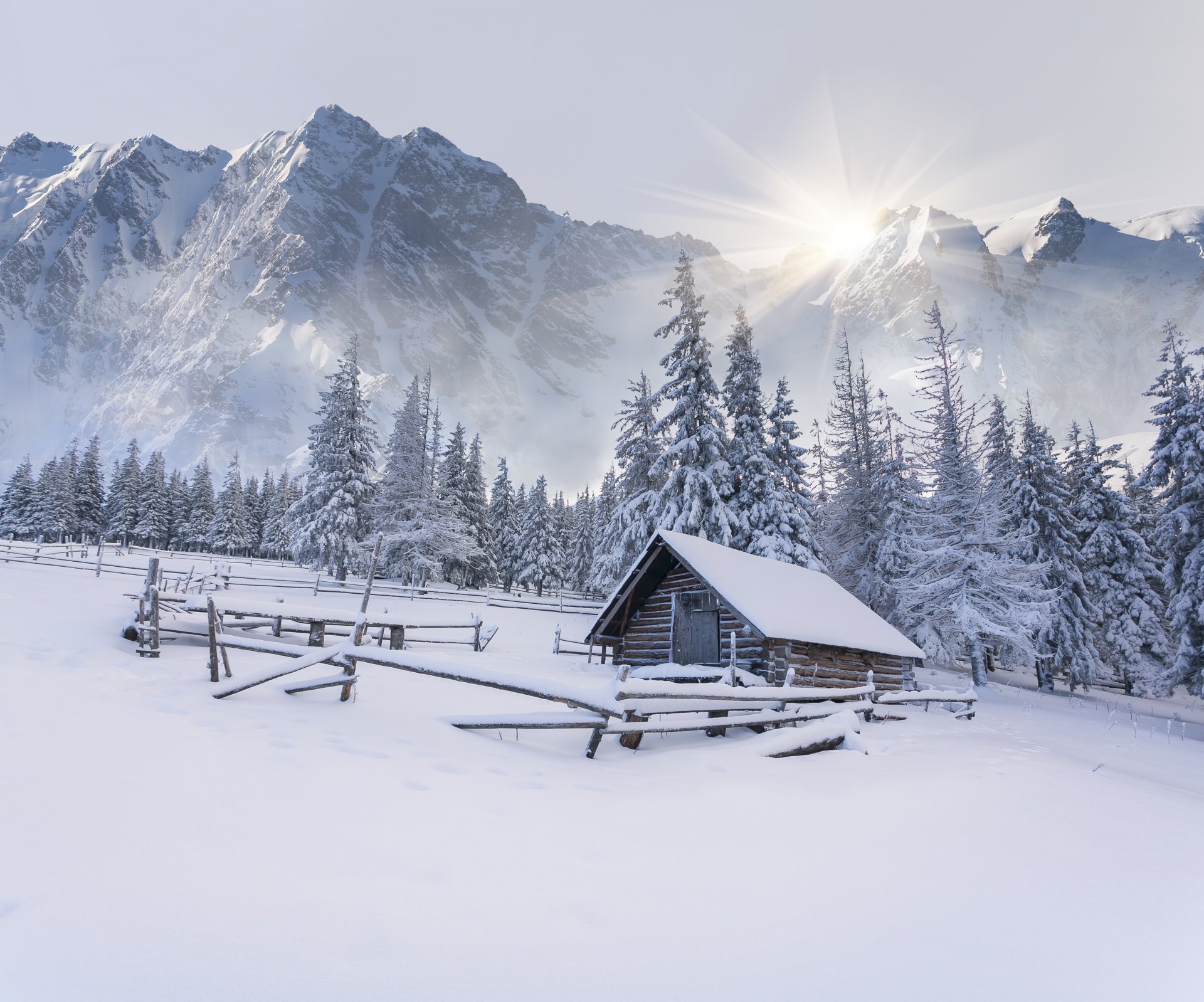 winter landscape snow winter christmas trees mountains hut house snowdrift