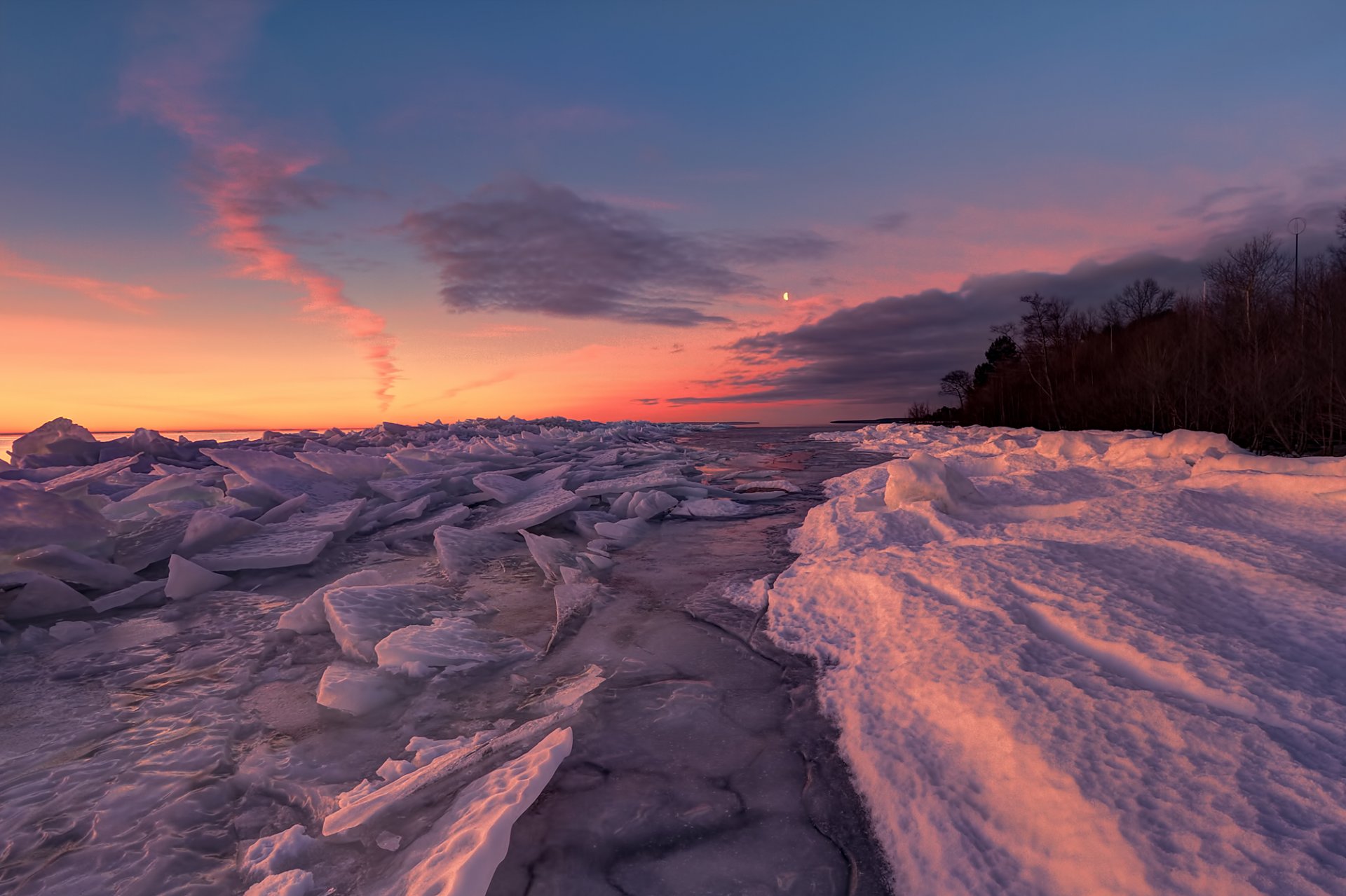 nieve hielo lago bosque costa naturaleza amanecer