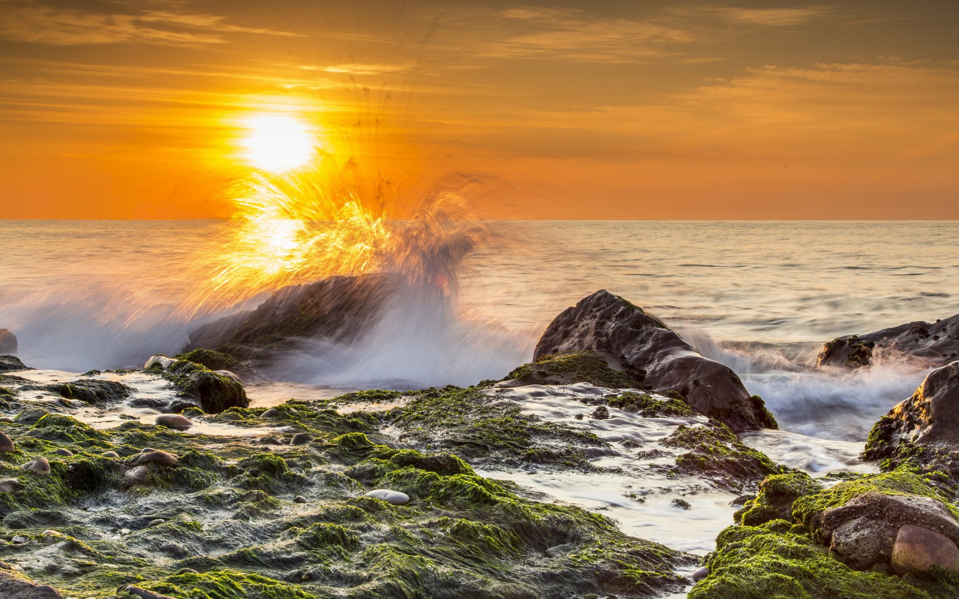 mar playa rocas algas olas salpicaduras sol