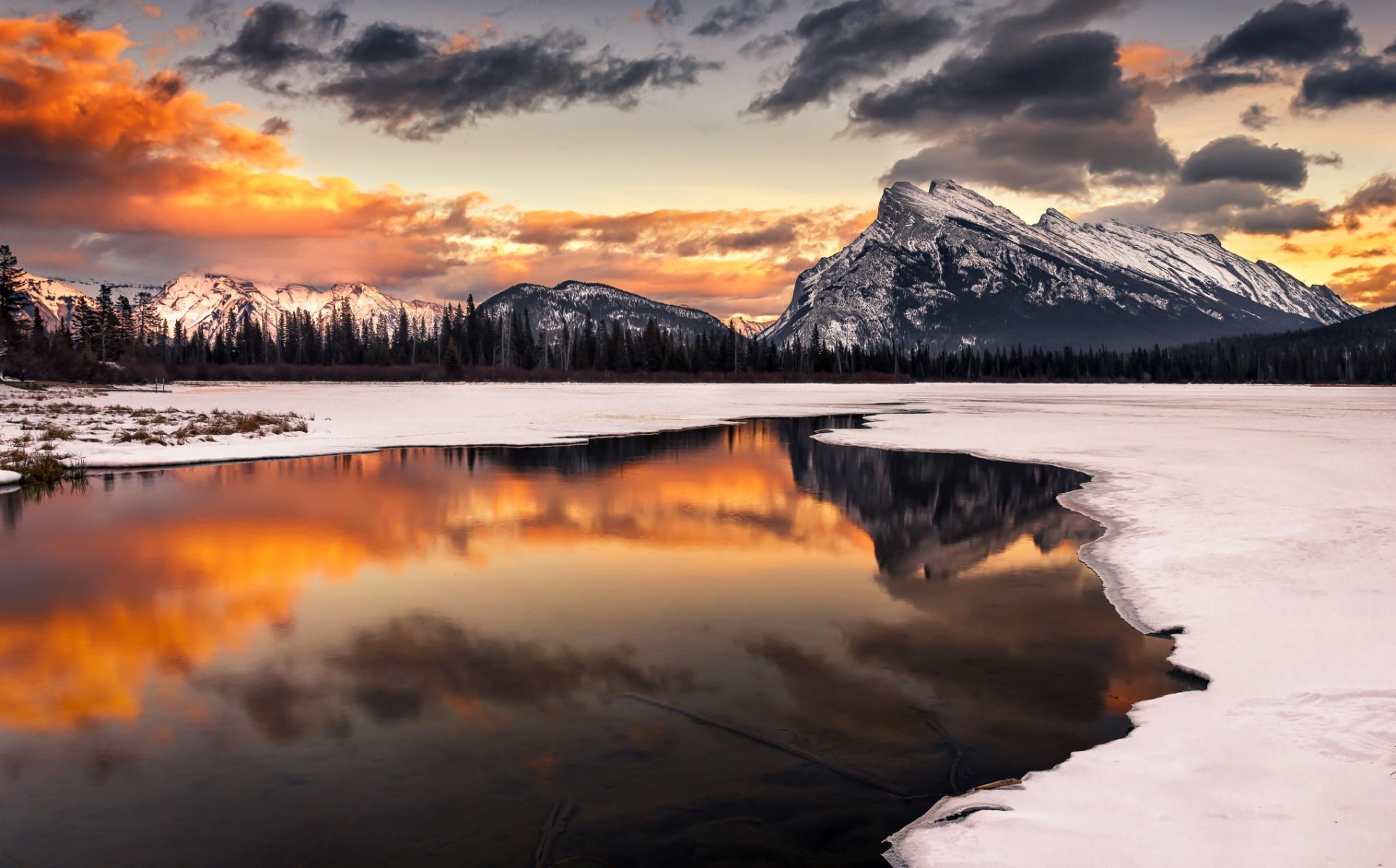 mountain lake reflection nature landscape winter snow sunset