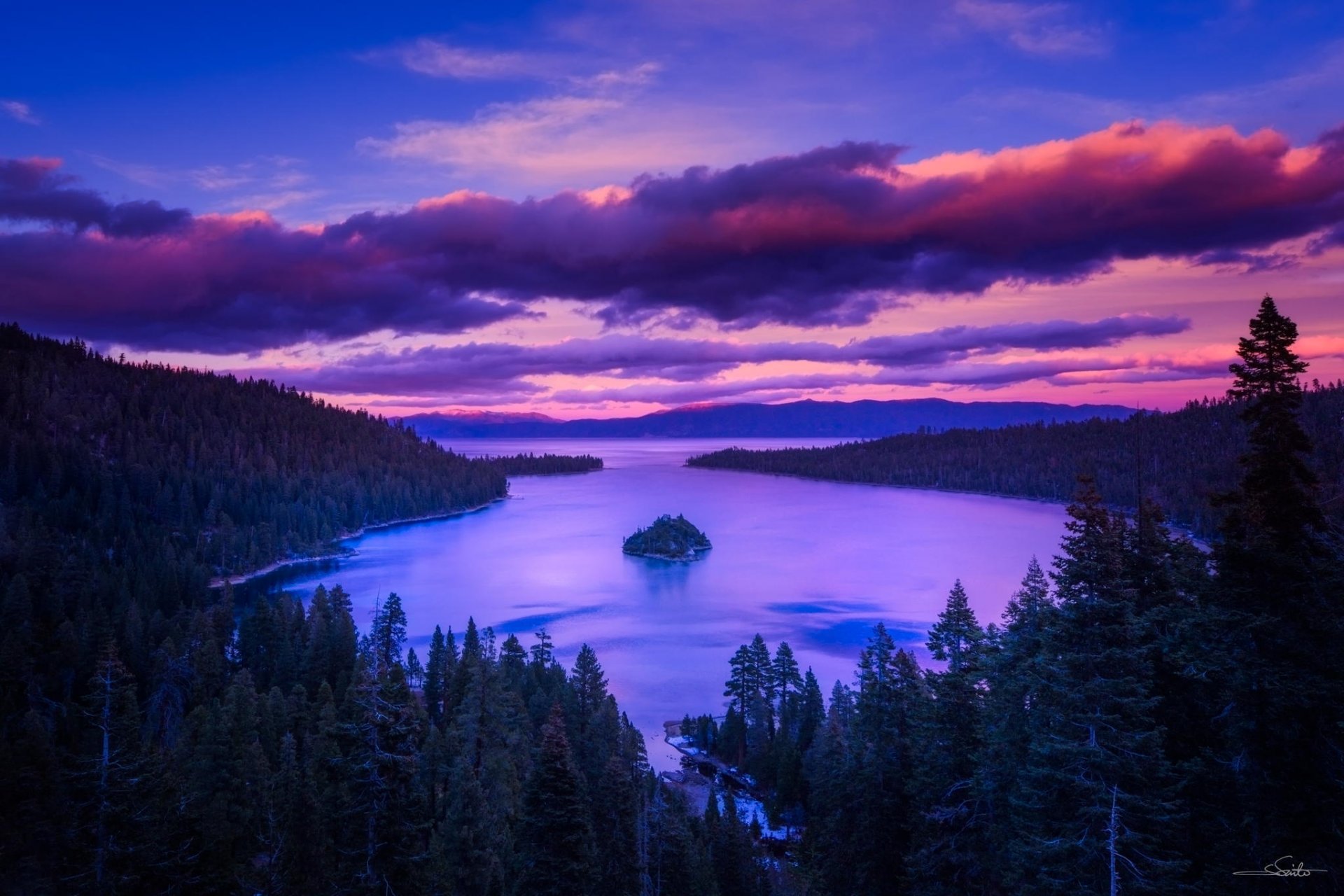 montañas bosque lago isla árboles amanecer