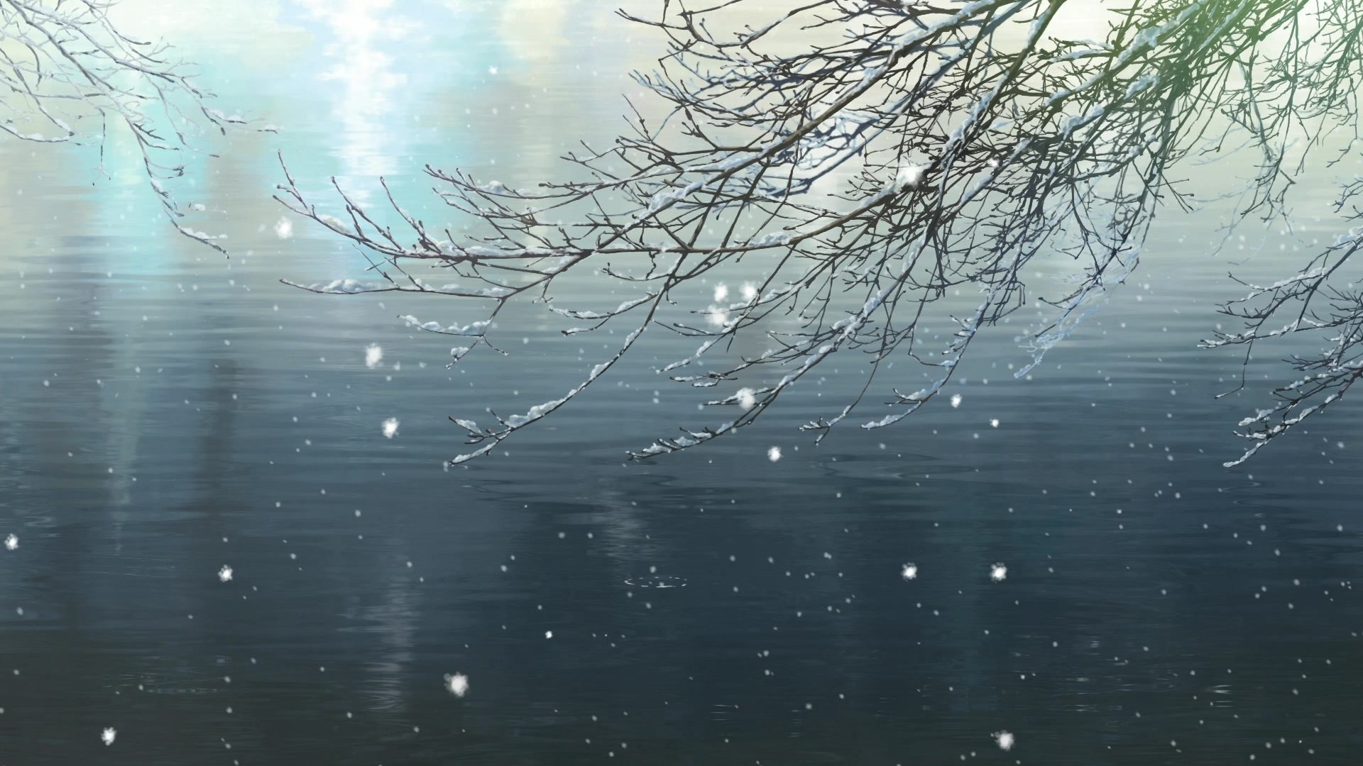 garten der anmutigen worte makoto sinkai teich zweig schnee winter licht