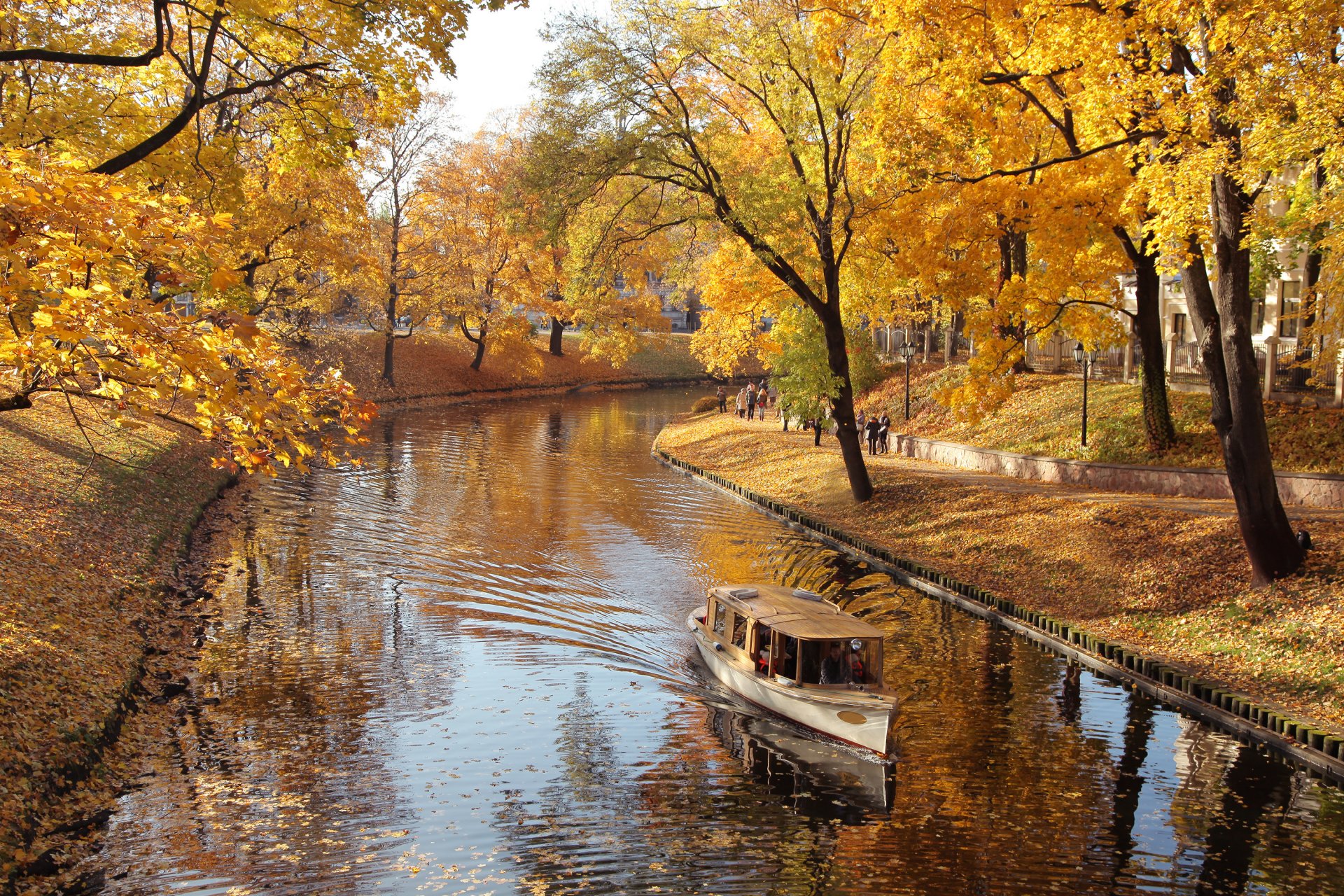 nature park alley trees river boat autumn leaf fall alley boat fall