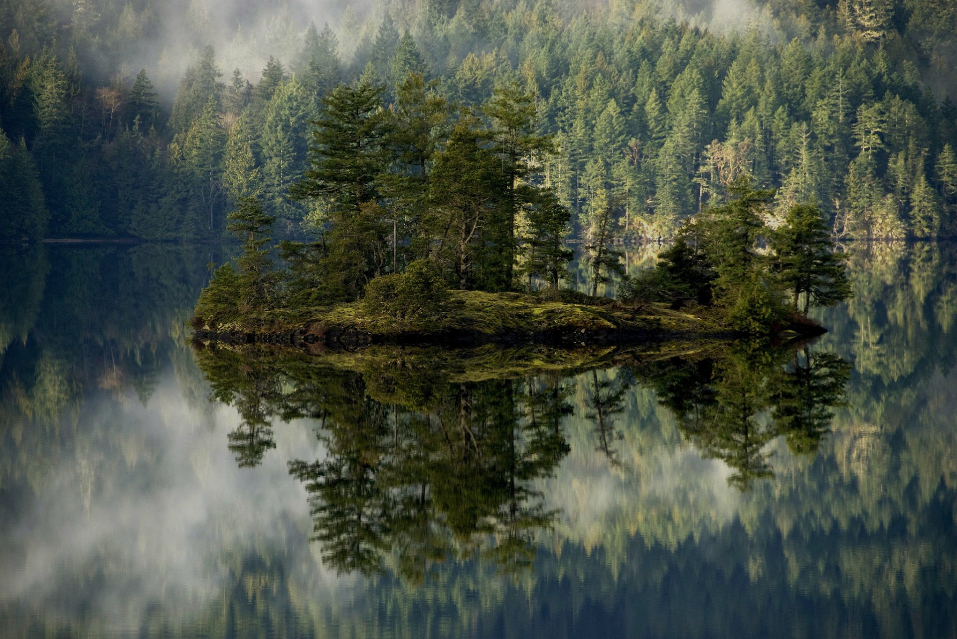 berge bäume see insel nebel