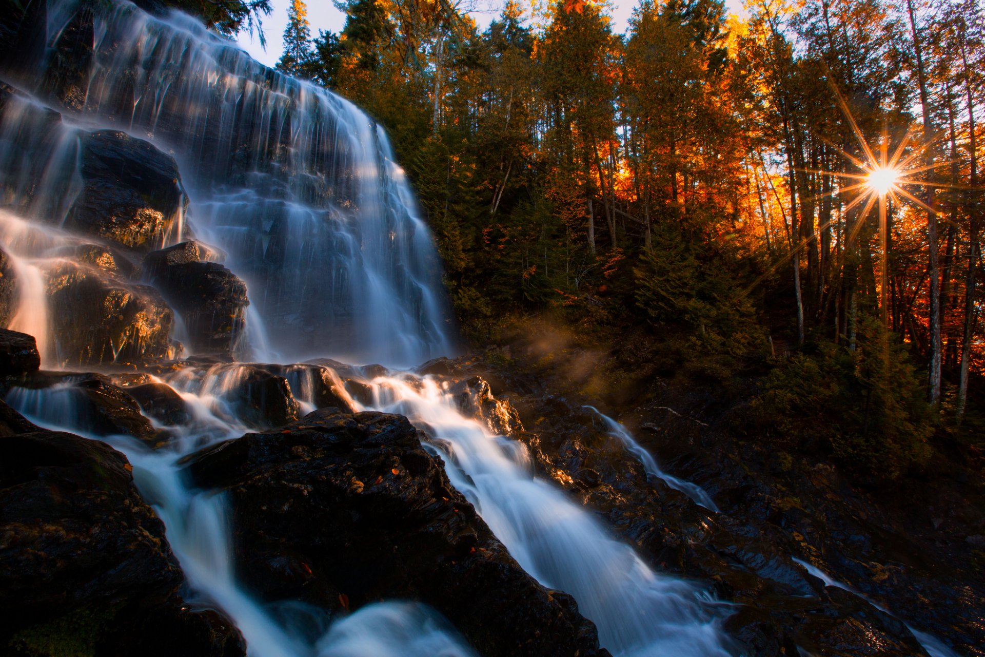 herbst wald wasserfall felsen bäume sonne