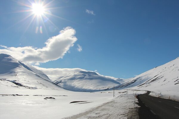 Landscape of hills and roads in snow