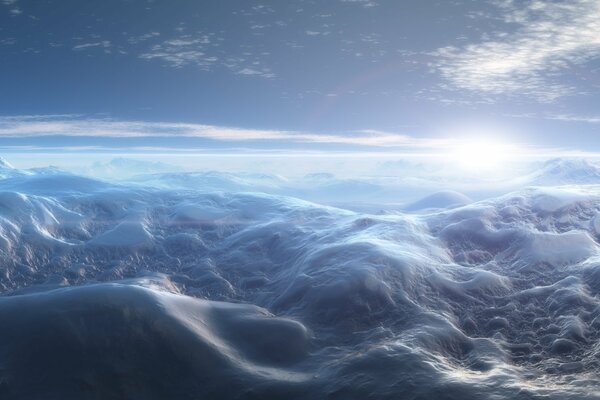 Paisaje nevado con cielo azul de la mañana