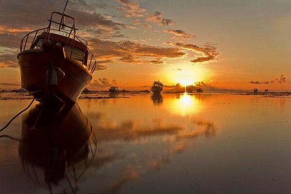 Los barcos están amarrados. Puerto tranquilo