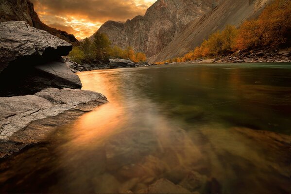 Rocky shore of a mountain river