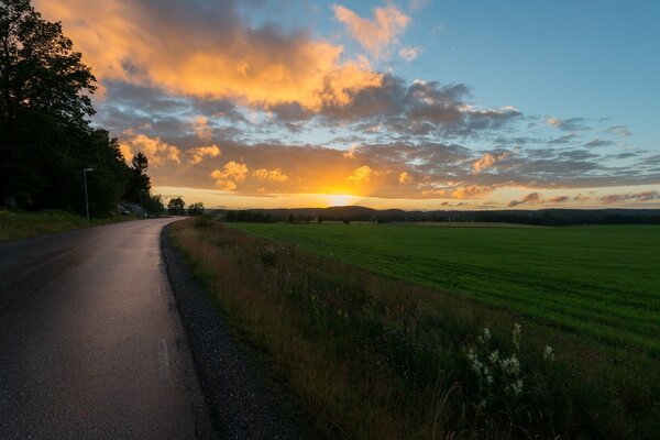 Sonnenuntergang im Feld, schöne Wolken am Himmel