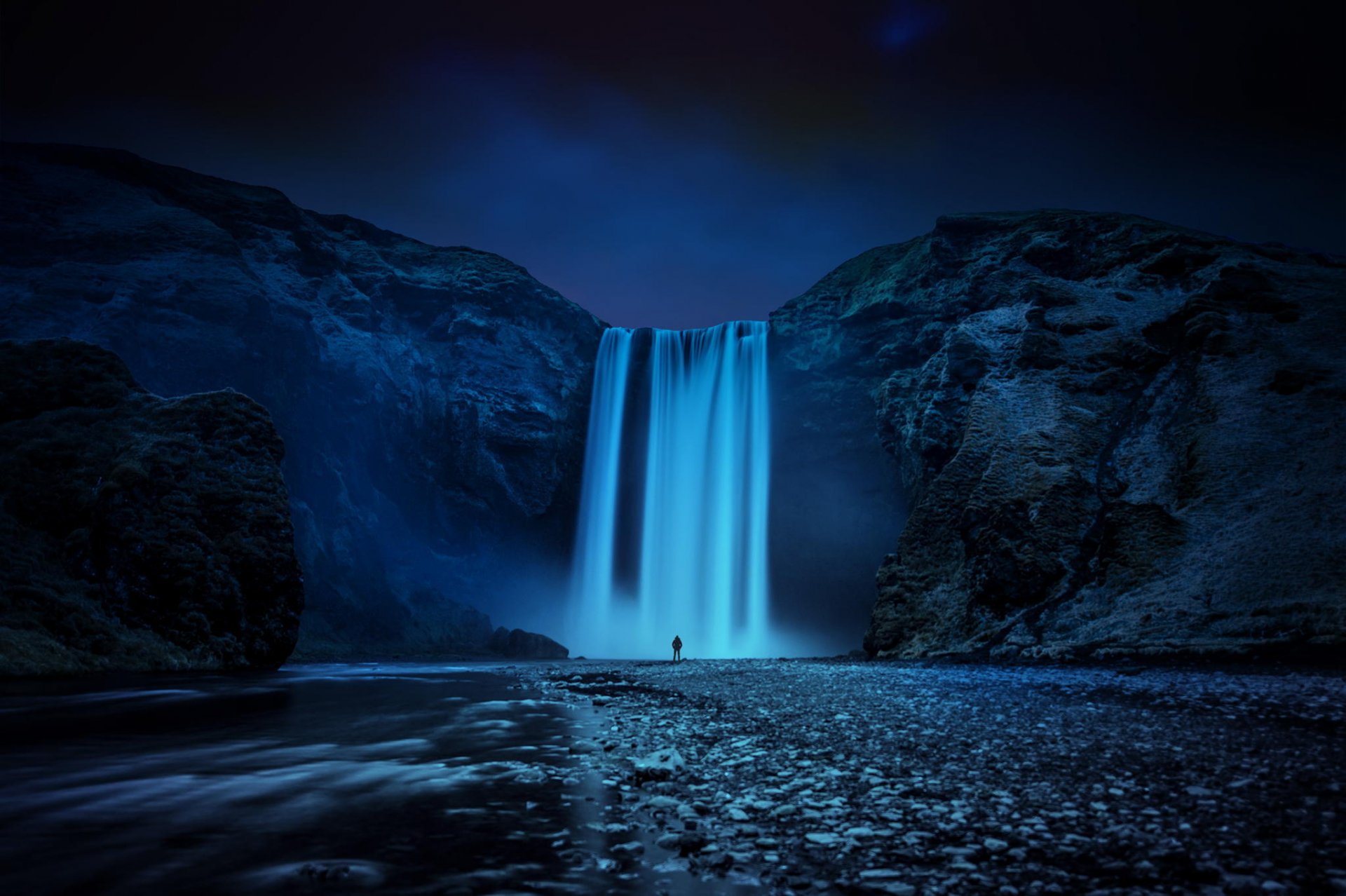 kogafoss island wasserfall skogafoss strom felsen fluss insel nacht mensch natur