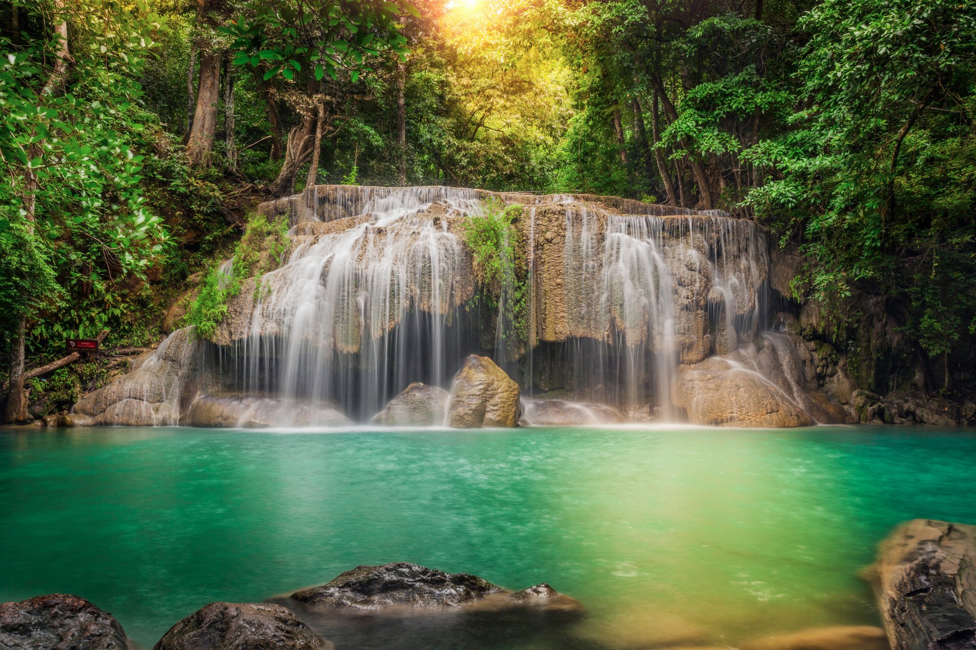 thailand forest jungle river waterfall stage feed tree stones processing