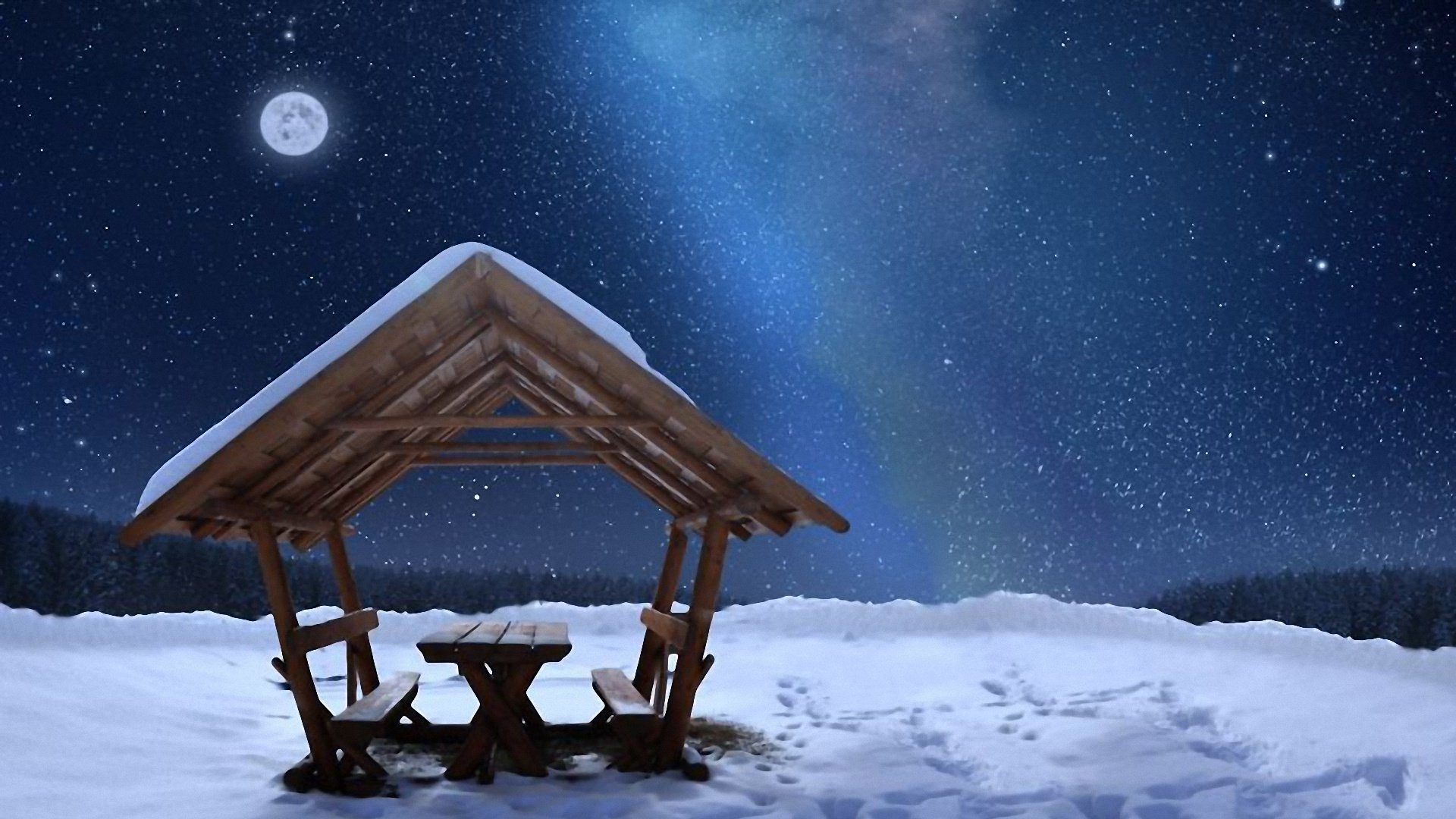 hiver lune gazebo neige étoiles