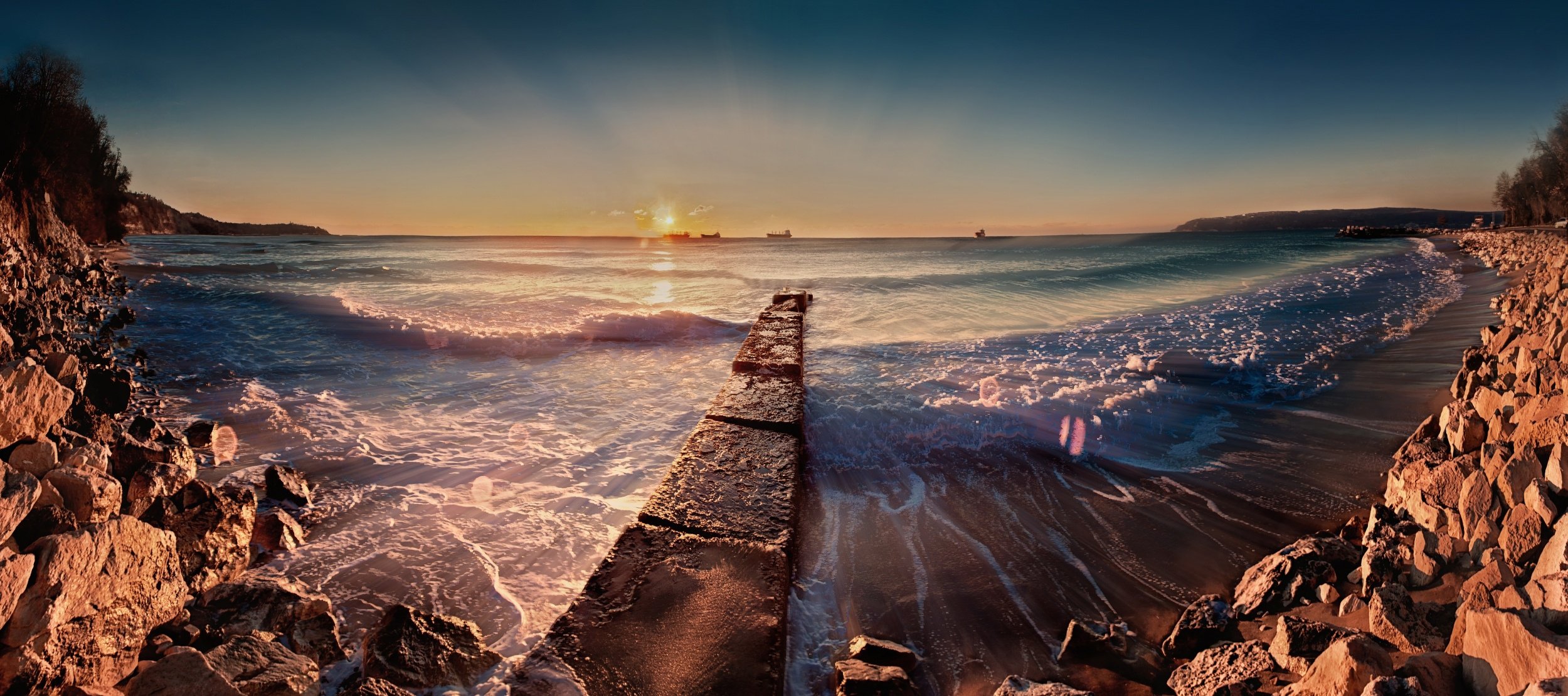 bulgaria sea morning beach stones waves sun