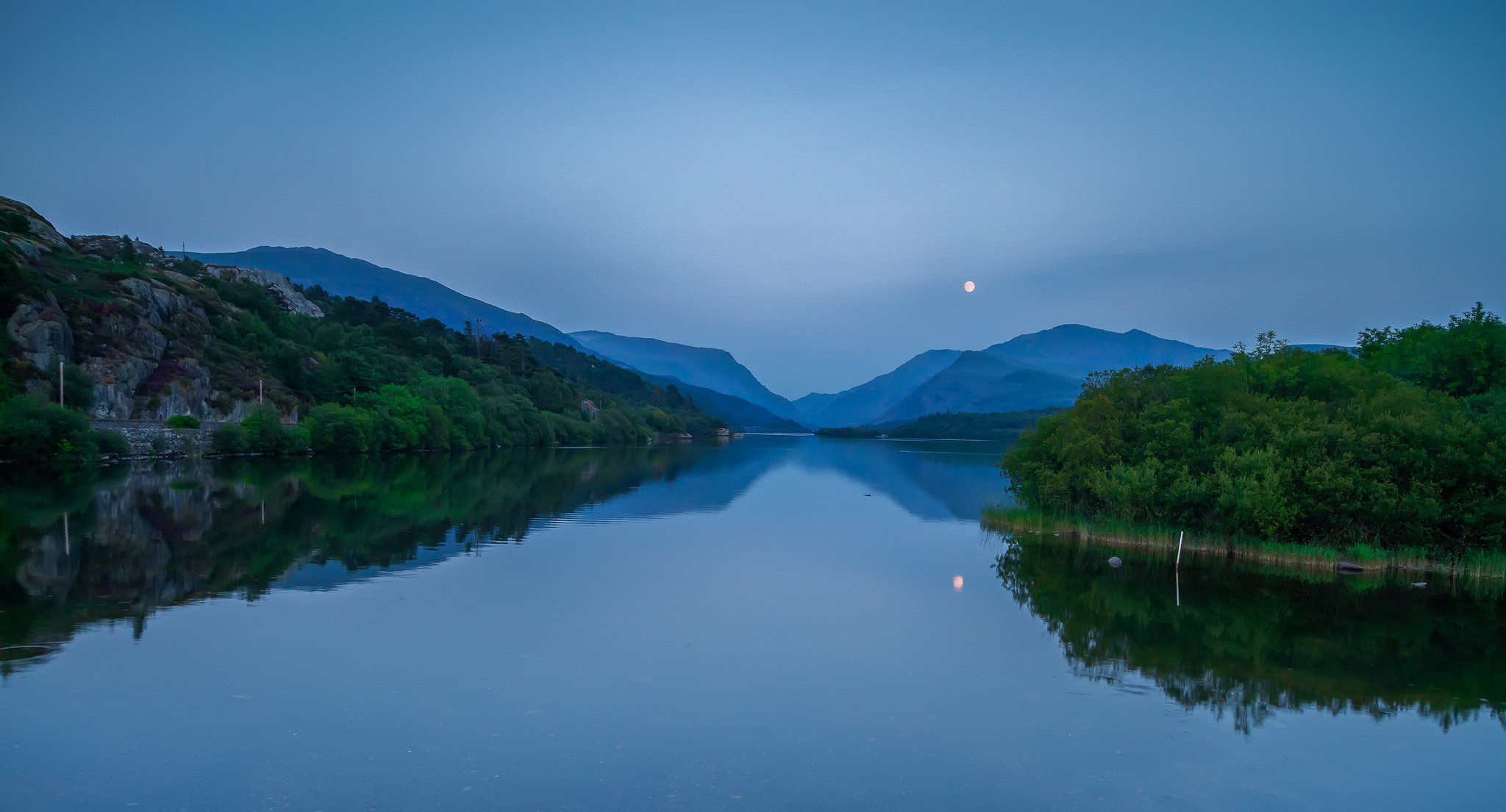 united kingdom wales lake mountain hills forest tree night blue sky moon reflection