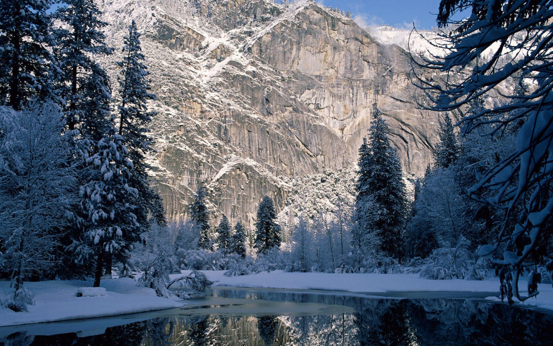 montañas invierno nieve roca árboles abeto río