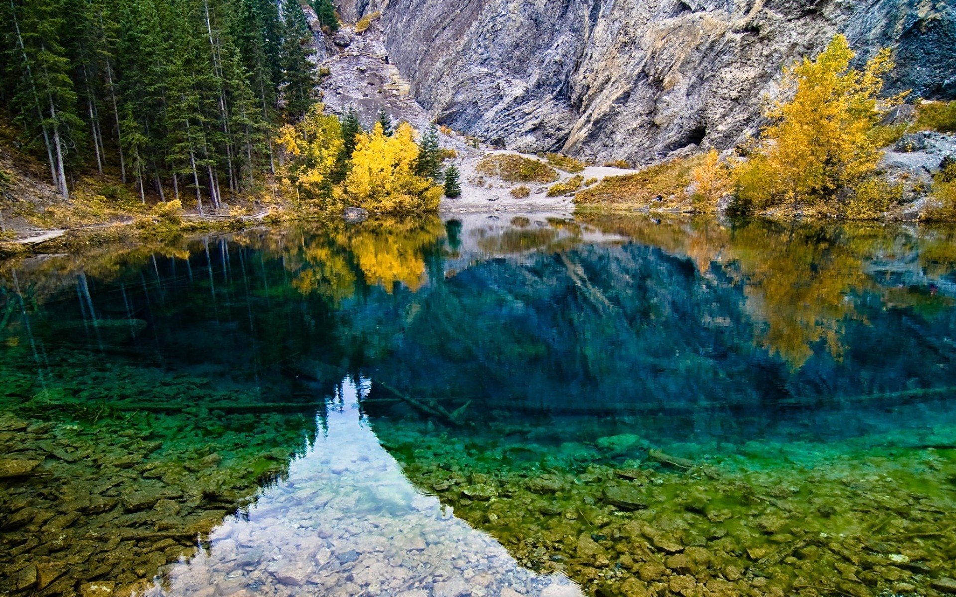 lake mountain forest stones tree reflection nature photo