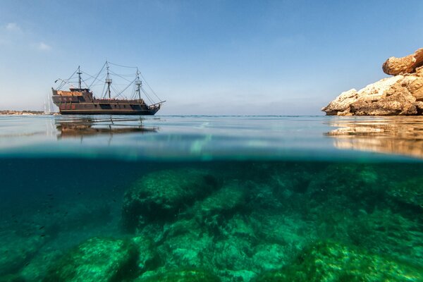 The Emerald Sea of Croatia with a ship