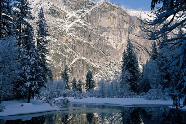 Winter mountains with snow and river