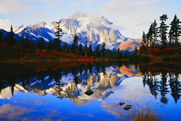 La superficie de cristal del lago. Bosque. Montaña