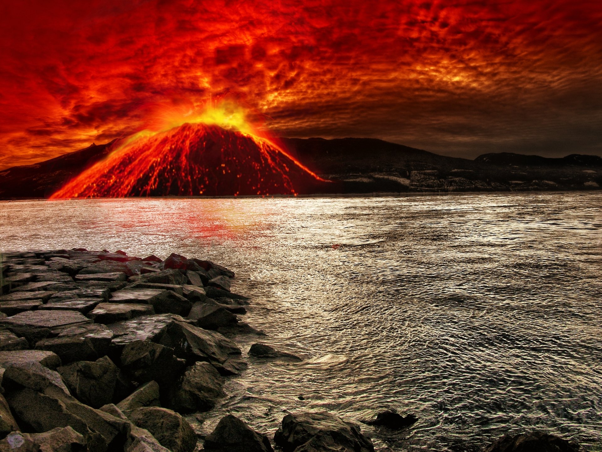 mare rocce vulcano eruzione raffiche corrente lava sanguinante cielo elemento