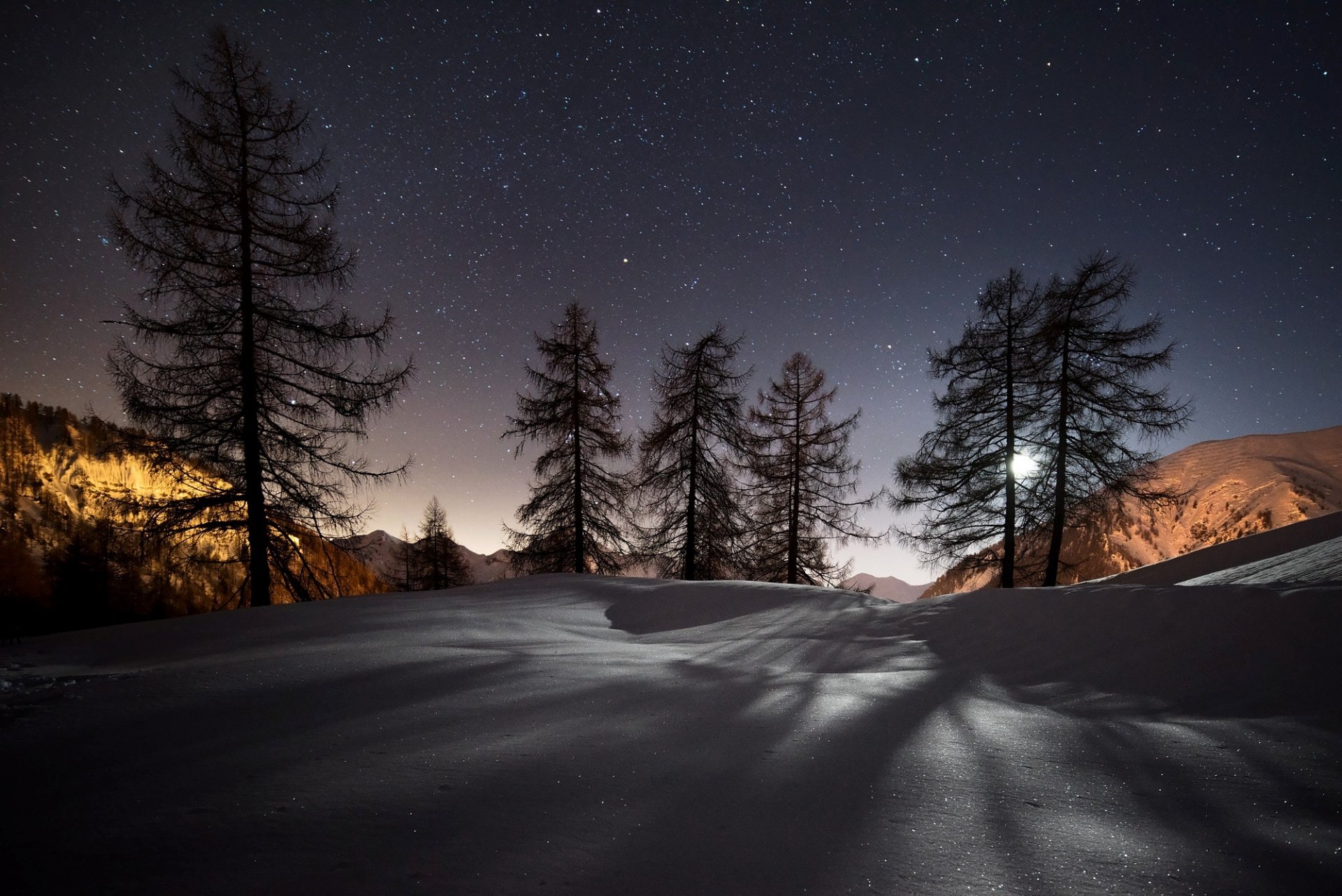 winter snow mountain tree night star nature