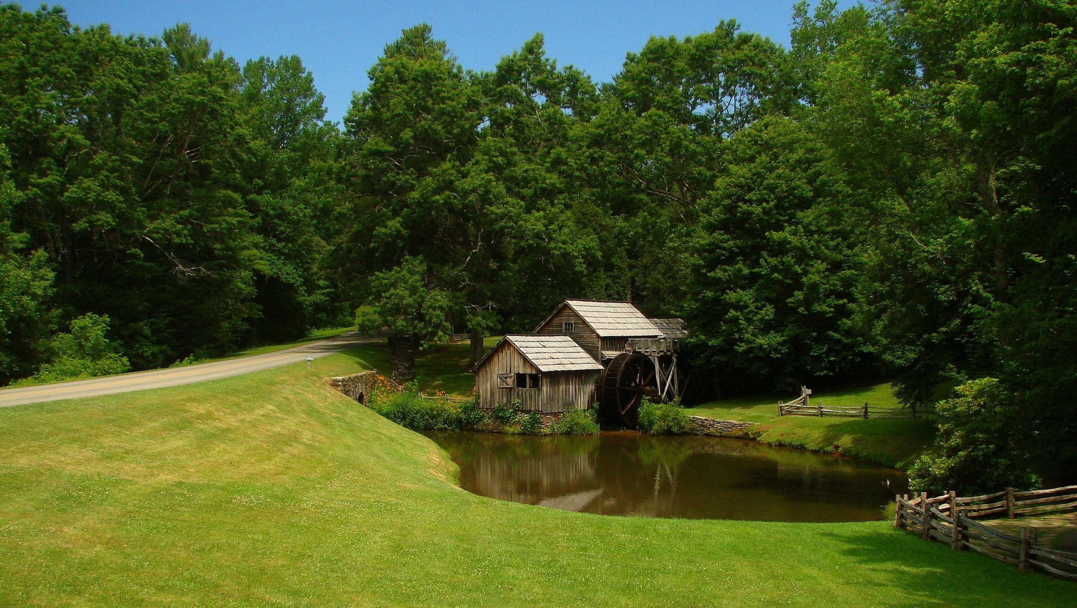 ky forest road house mill wheel the field lawn grass pond creek