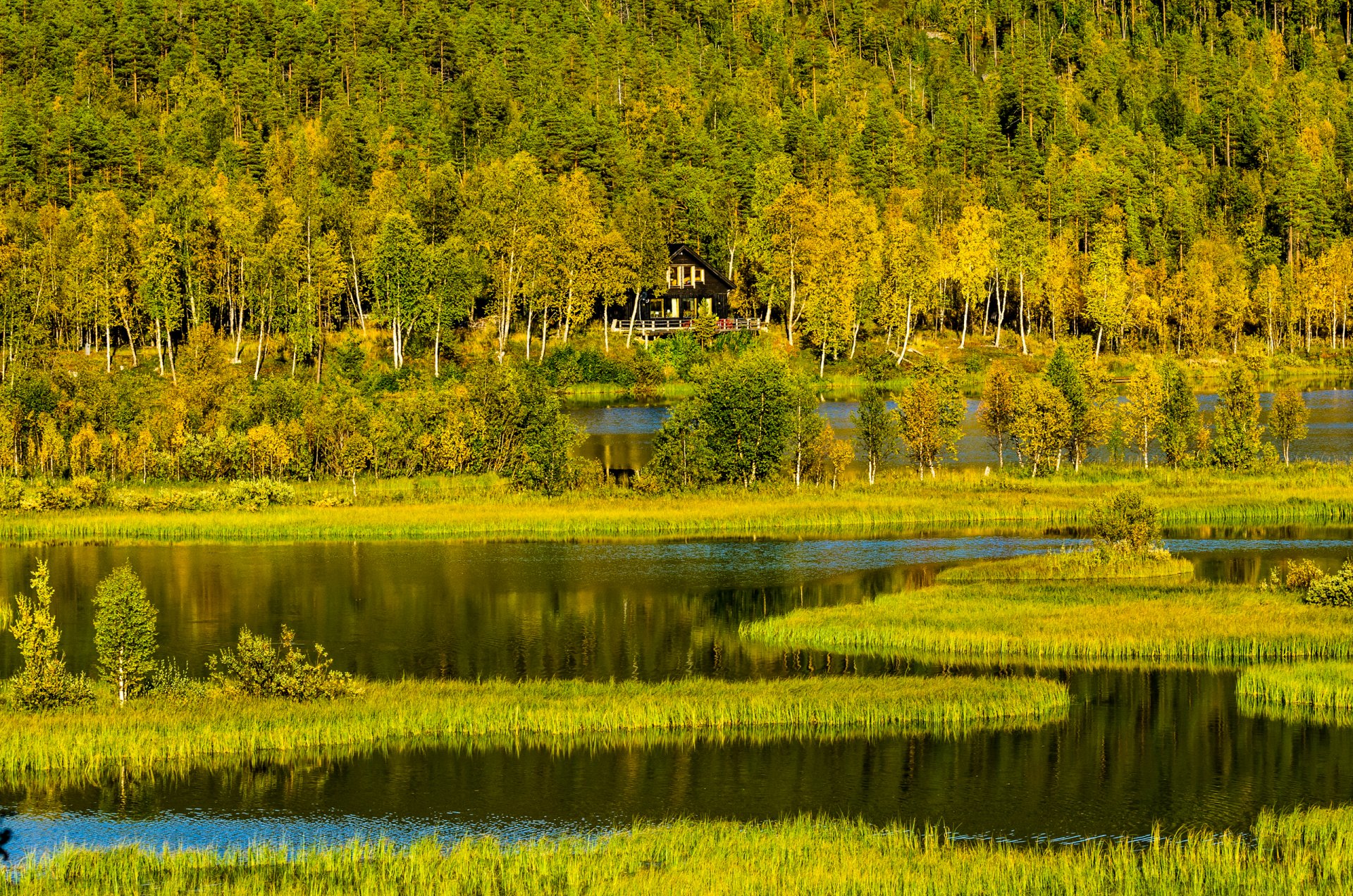 noruega lago casa bosque árboles montañas colinas otoño hierba