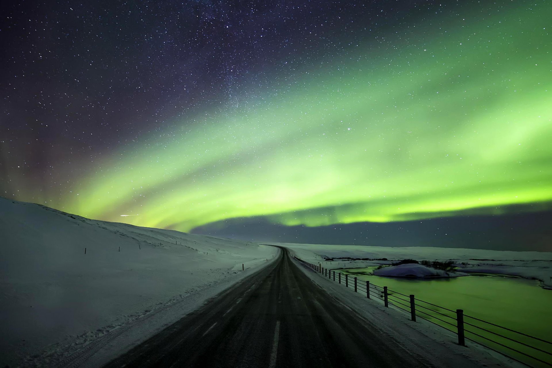 island nordlicht winter schnee straße himmel nacht sterne natur