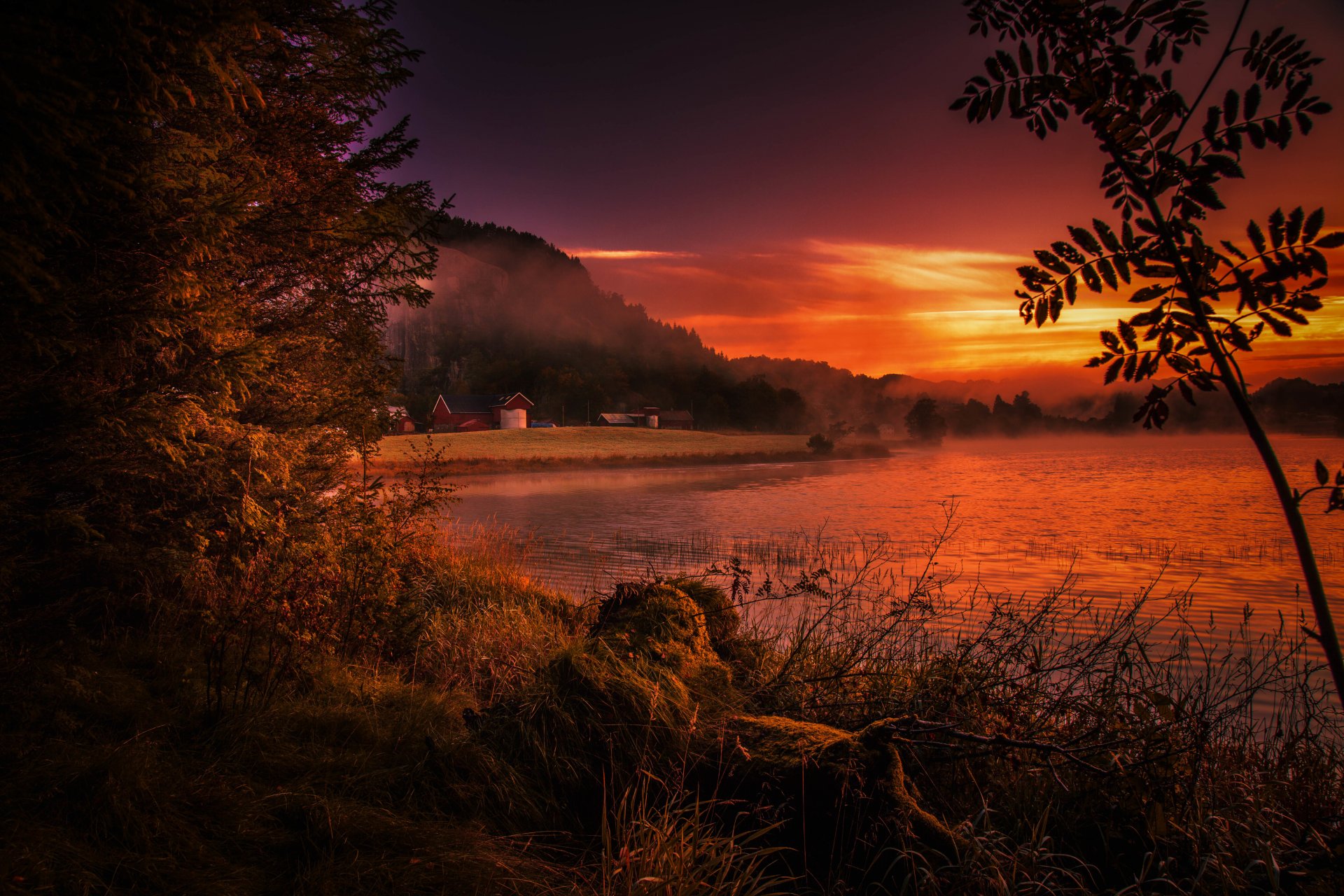 noruega rugaland río orilla puesta de sol niebla