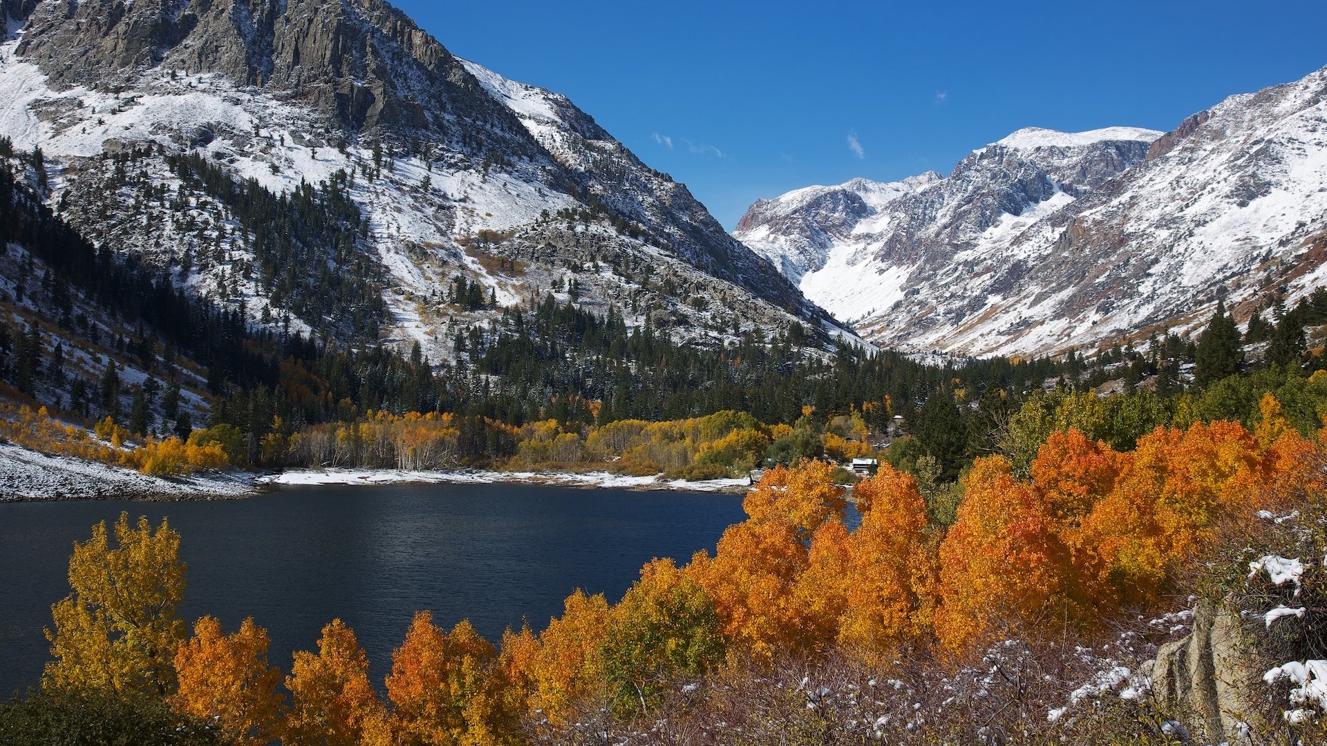 montagnes neige lac arbres feuillage automne