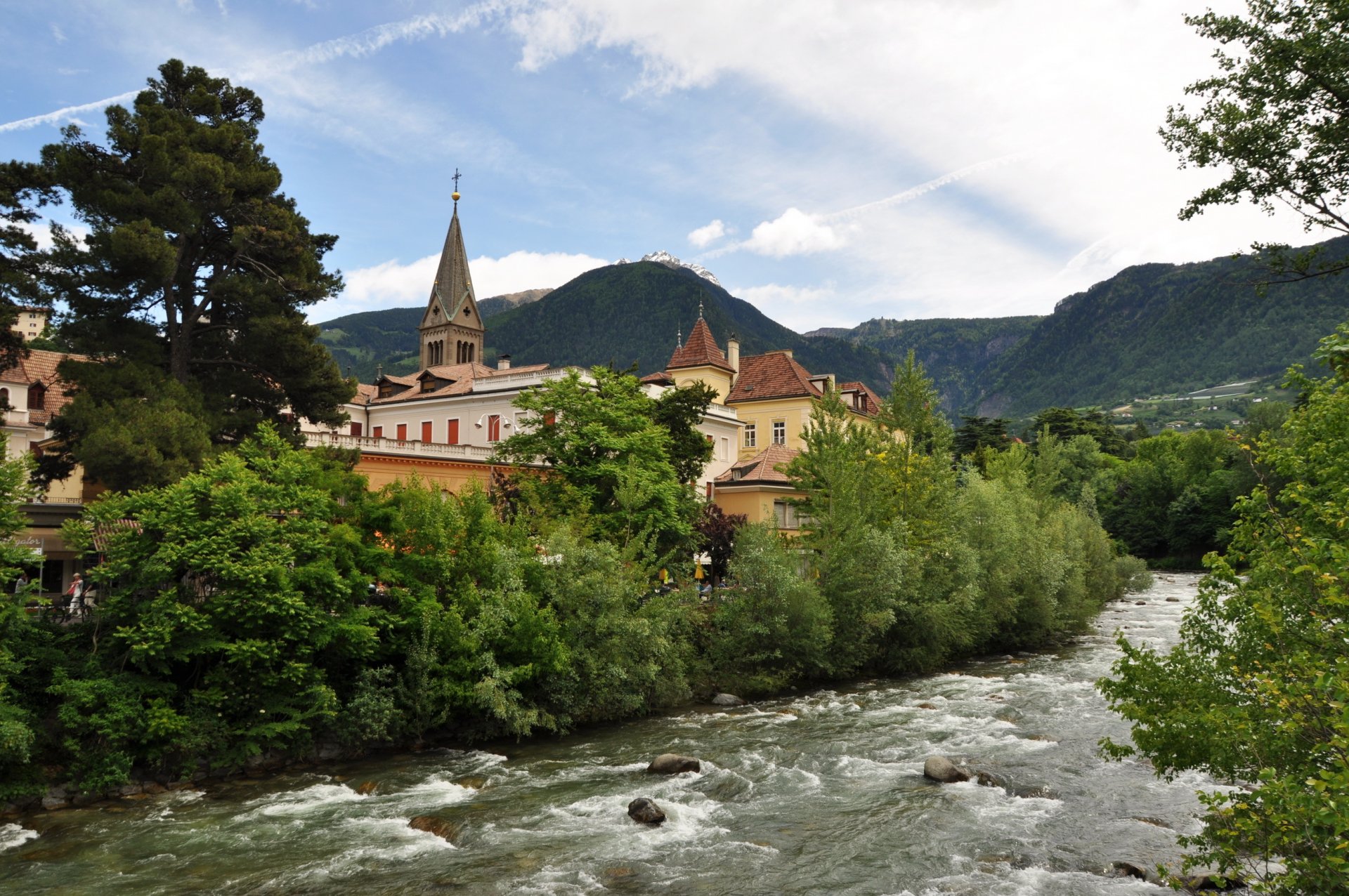 italy merano town architecture mountain river nature trees