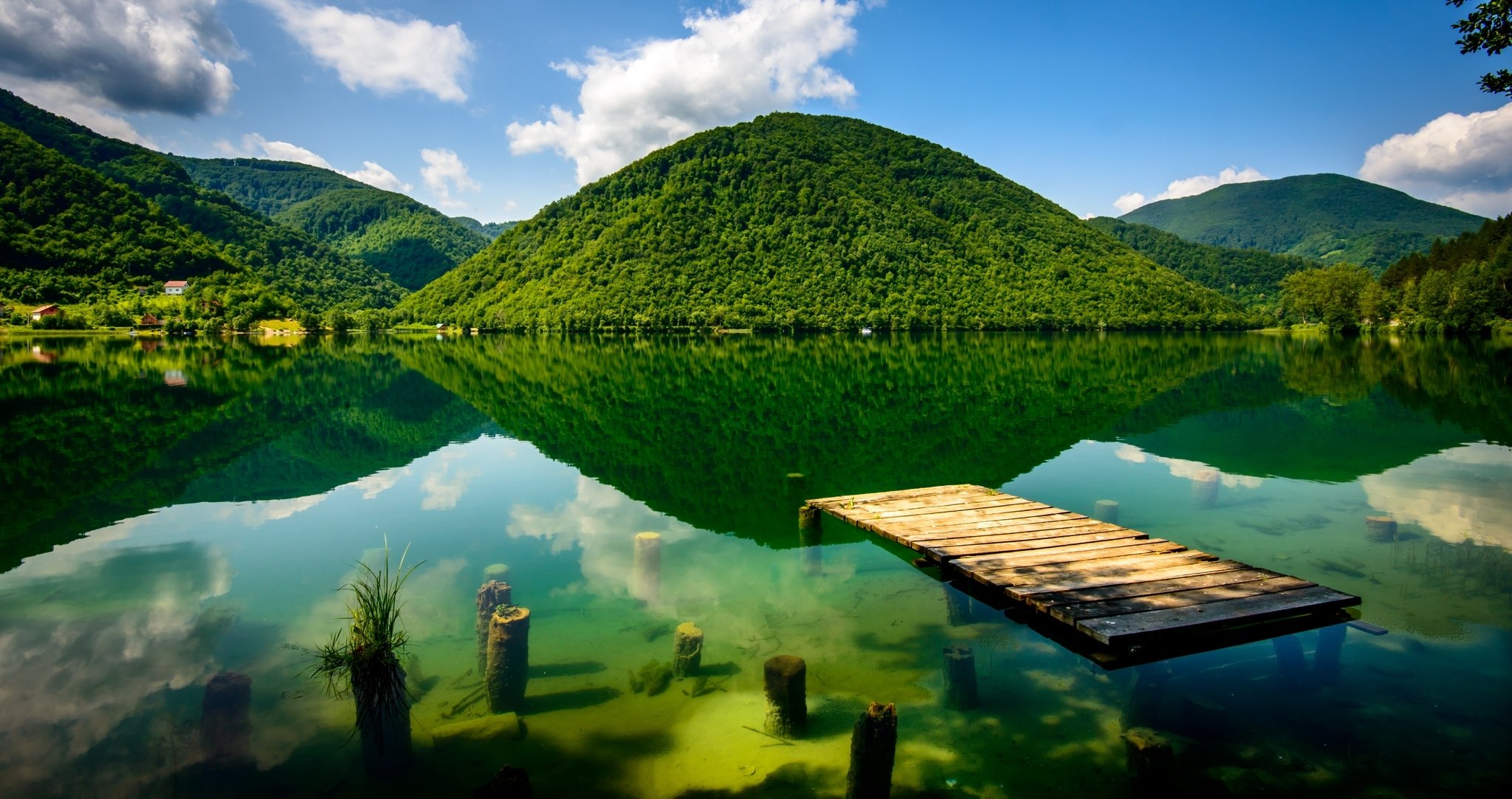 nature sky mountains trees lake bridge bridge