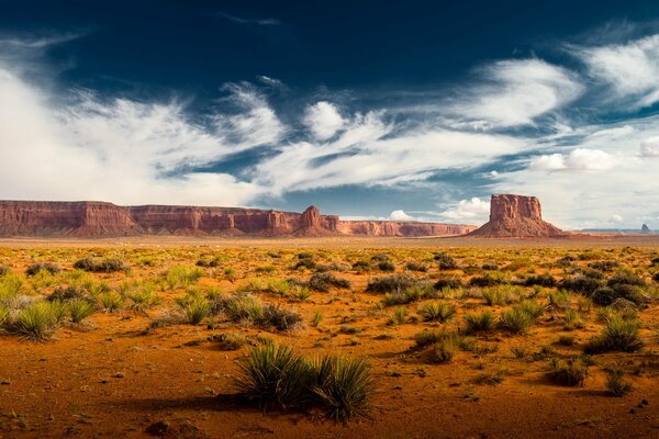 Paesaggio desertico sullo sfondo di rocce e cielo senza fondo