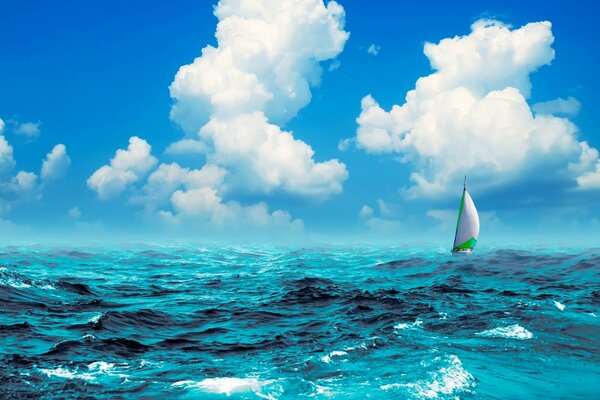 Sail in the sea. clouds in the background