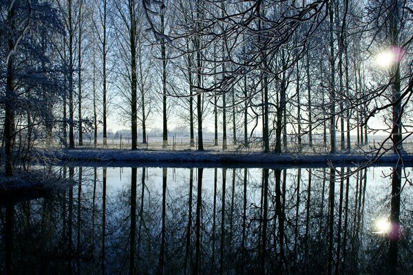 Reflejo del sol en el lago de invierno