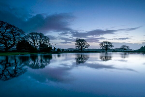 Reflejo del azul del amanecer en el río