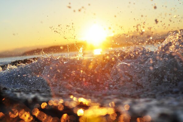 Mar maravilloso con salpicaduras de bueyes y sol, olas